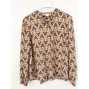 J. Jill Boho Leaf Print Mother of Pearl Button-Up Long Sleeve Blouse Small Boxy
